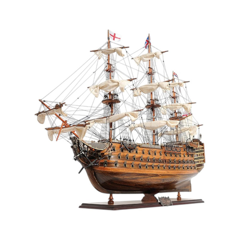 27" Wood Brown Solid Wood Hand Painted Model Boat Tabletop Sculpture