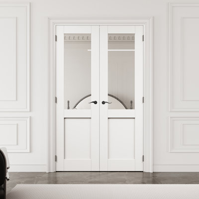 Porte française intérieure en verre transparent de 36 po x 80 po demi-Lite avec quincaillerie noire et loquet et levier de porte, dalle de porte en verre trempé avec sécurité, pouvant être peinte et imperméable, combinaison pour la lessive, portes de placard, portes de pièce, assemblage requis