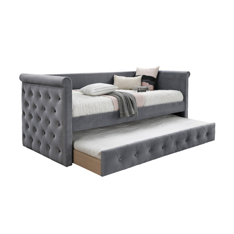 Contemporary Style Day Bed with Slat Trundle and Button Tufting for Versatile Use and Comfort, Gray