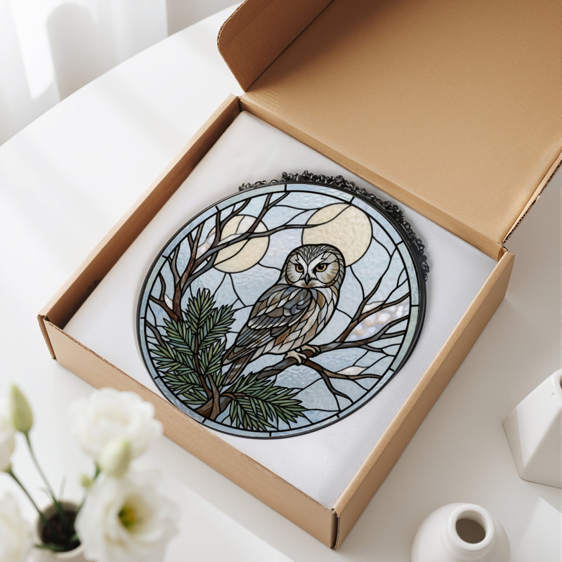 Owl Branch Stained Glass Window Panel，7.8H, 7.8"H
