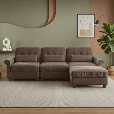 3-Seater Modular Rolled-Arm Chenille Sofa with Tufted Back and Lumbar Pillows, Ottoman