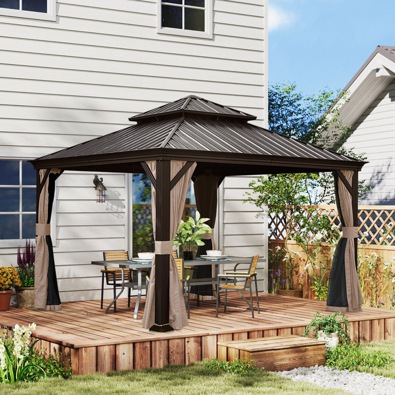12 Ft. W x 12 Ft. D Galvanized Steel Patio Gazebo with Double Roof, Brown