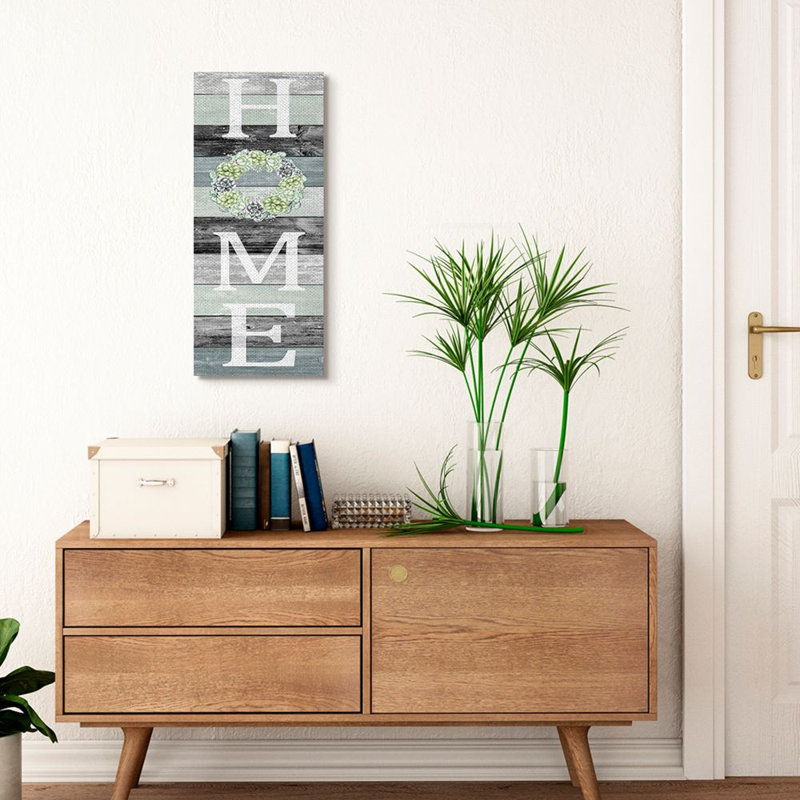«Succulent Wreath Welcome Home Sign» par Kim Allen - impression d'art graphique, H 30 po x l 13 po x P 1,5 po, Toile tendue