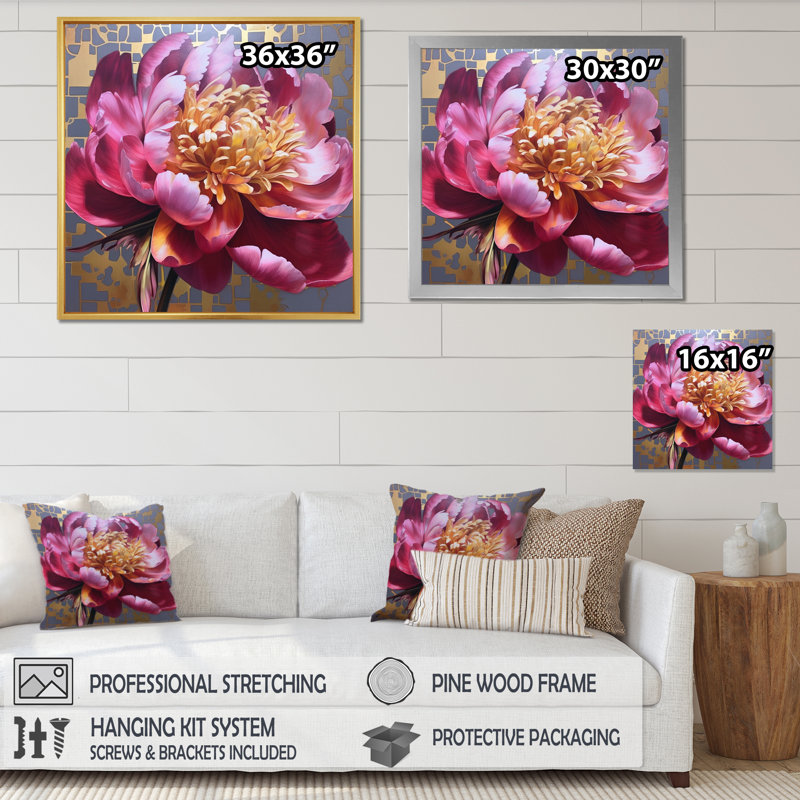 Pivoine rose captivante I, Cadre simple argenté, H 16 po x l 16 po x P 1 po