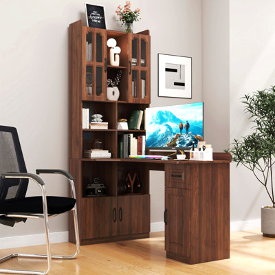 Bureau d'ordinateur d'angle en L pour bureau à domicile ou bureau d'étude, table d'étude de style moderne avec tiroirs, bibliothèque et huche, conception en L 2 en 1, grand espace de travail