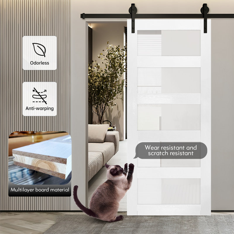 Glass Sliding MDF Barn Sliding Door Hardware Kit, Tempered Frosted Glass, Simple DIY Assembly, 48" x 96"