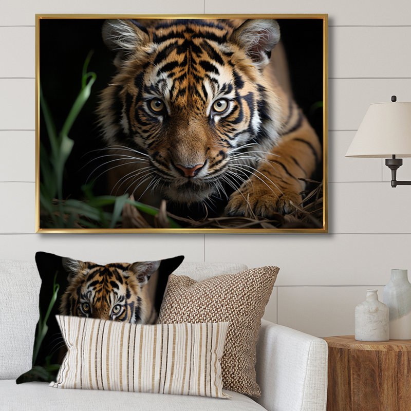 Portrait de tigre brun - art mural tigre, H 30 po x l 40 po x P 1,5 po, Cadre flottant doré