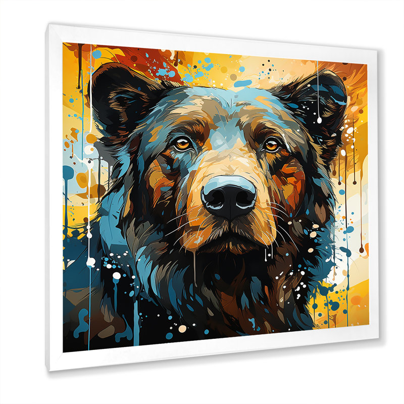 Portrait d'ours bleu et jaune - impressions encadrées d'ours, Cadre simple blanc, H 36 po x l 36 po x P 1,5 po