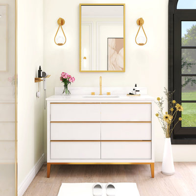 Meuble-lavabo autoportant 48 po avec comptoir en quartz blanc Carrara, 6 tiroirs