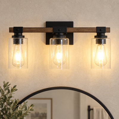 3-Light Bulbs Elegant Wood-Grain Style Bubble Glass Vanity Light