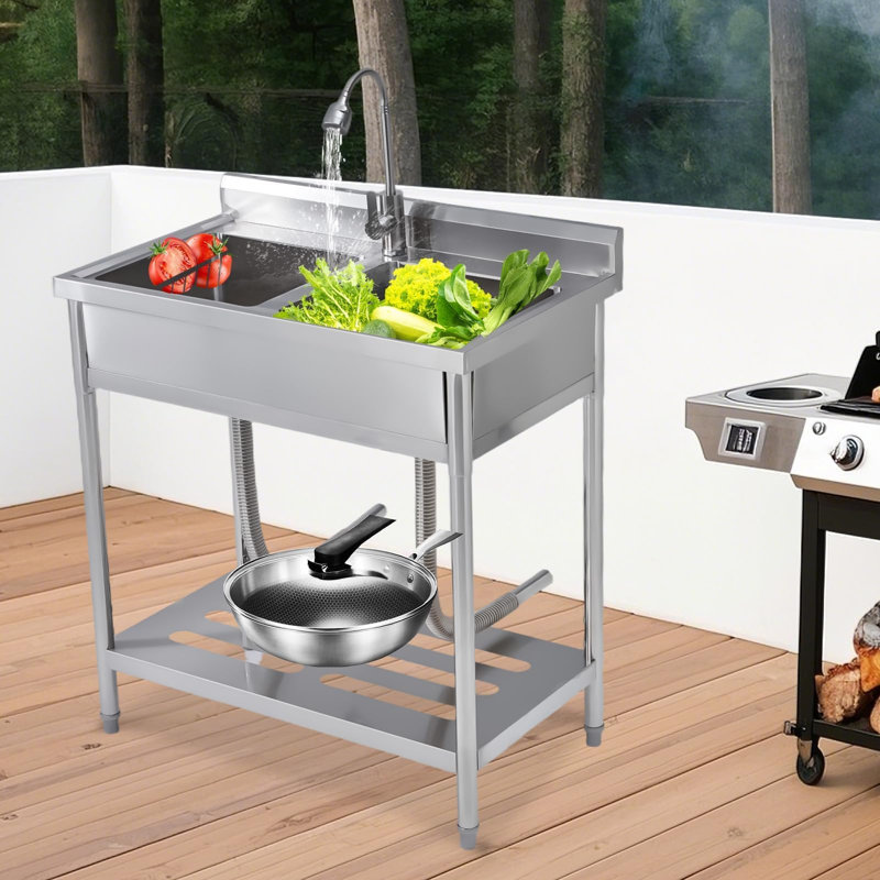 Évier utilitaire en acier inoxydable avec robinet, cuve à lessive commerciale autoportante, hauteur réglable, tablette de rangement