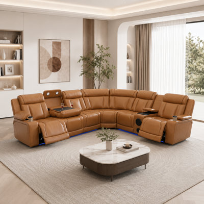 3-Piece Vegan Breathable Leather Power Reclining Living Room Sectional Sofa Set with Wireless Chargers, LED Reading Light and Storage Console