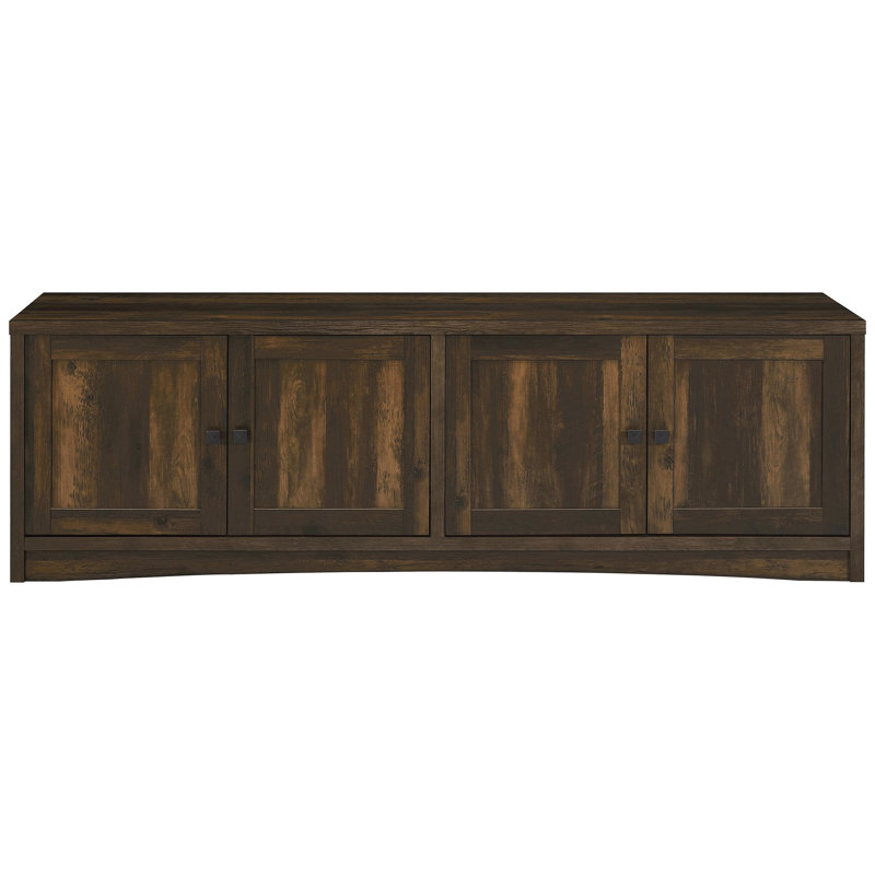 Meuble télé 4 portes, en pin foncé contrecollé, étagères intérieures réglables pour appareils multimédias et électroniques, quatre portes encadrées pour un rangement optimal, forme carrée avec finitions soignées, compatible avec les téléviseurs de 80 à 89 pouces, style transitionnel.