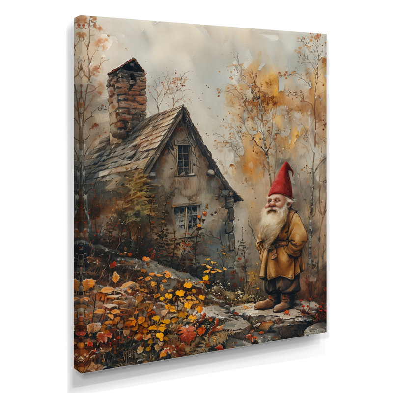 Gris, rouge, automne, jardin, gnome - impression d'art mural gnome, Toile tendue, H 12 po x l 20 po