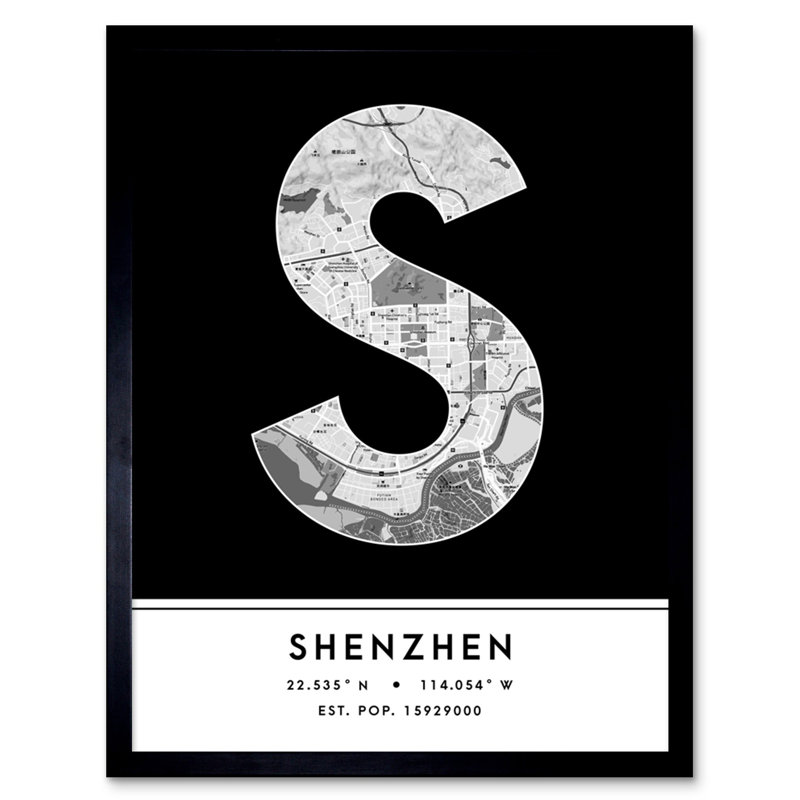Shenzhen City Map Shenzhen Black & White by Wee Blue Coo - Single Picture Frame Typography
