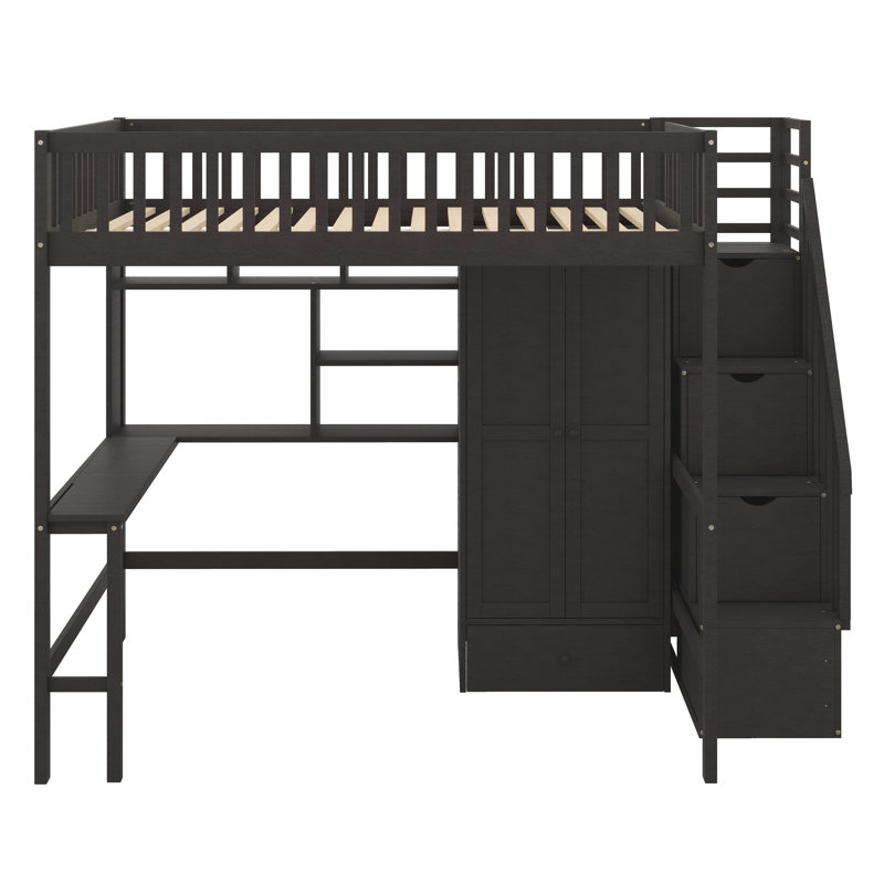 Lit mezzanine double avec bureau et bibliothèque, cadre de lit mezzanine en bois intégré avec garde-robe et tiroirs, Espresso
