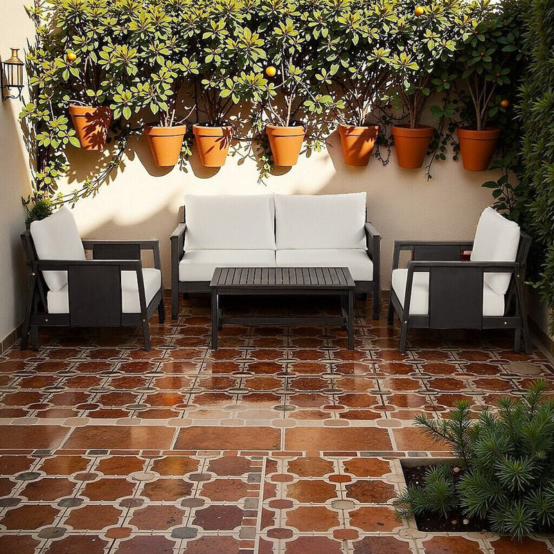 Ensemble de canapés d'extérieur en bois d'acacia 4 pièces avec accents textilène et coussins imperméables, Noir