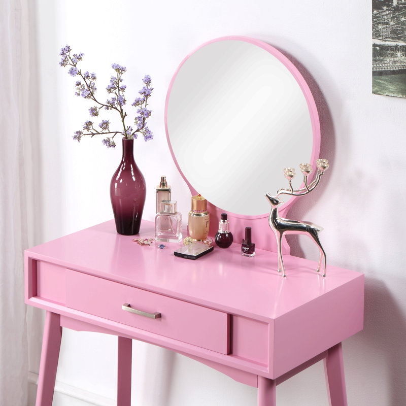 Contemporary Wood Vanity And Stool Set, Pink