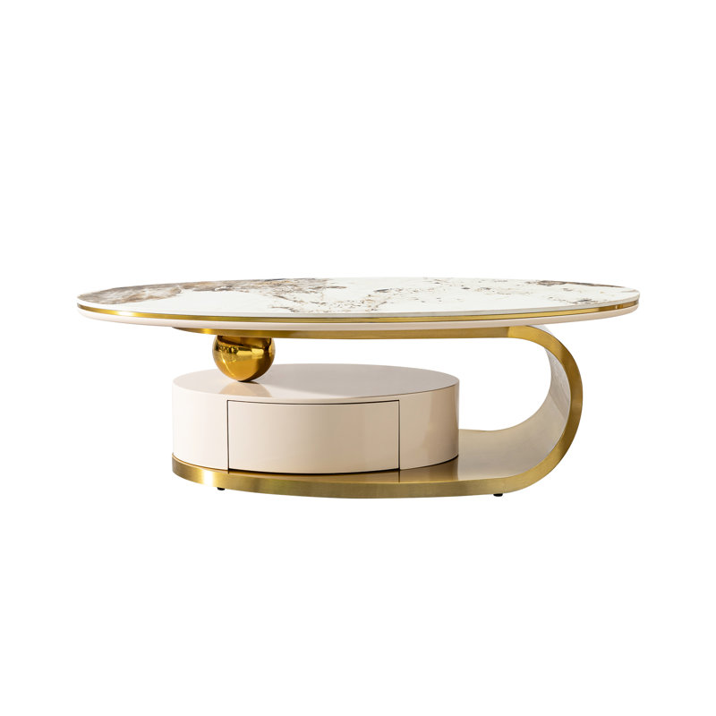 Table basse ovale en pierre frittée avec 2 tiroirs et base en acier inoxydable doré mat, sécuritaire pour l'hygiène, la corrosion par la chaleur, poids de 108,34 lb, hauteur de 16,96 po, table ovale en pierre de 26,93 po, tiroirs