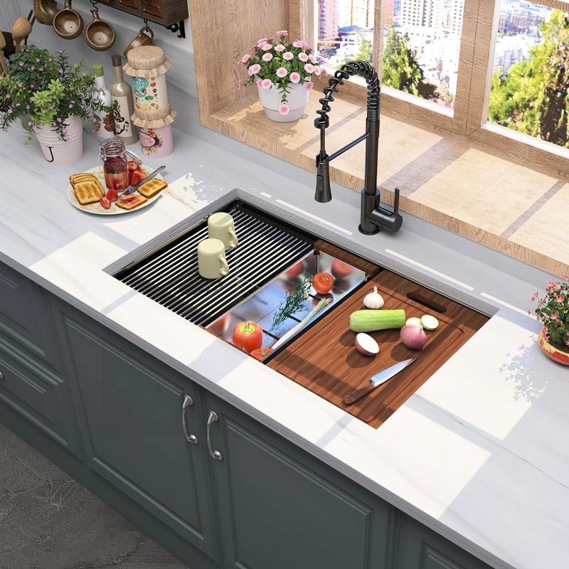 Gunmetal Black 32 X 19 Inch Undermount Kitchen Sink, 16 Gauge Stainless Steel, 10 Deep Single Bowl, Workstation Design For Productivity, Noise - Reducing Pads Deep, With Front And Back Track Space