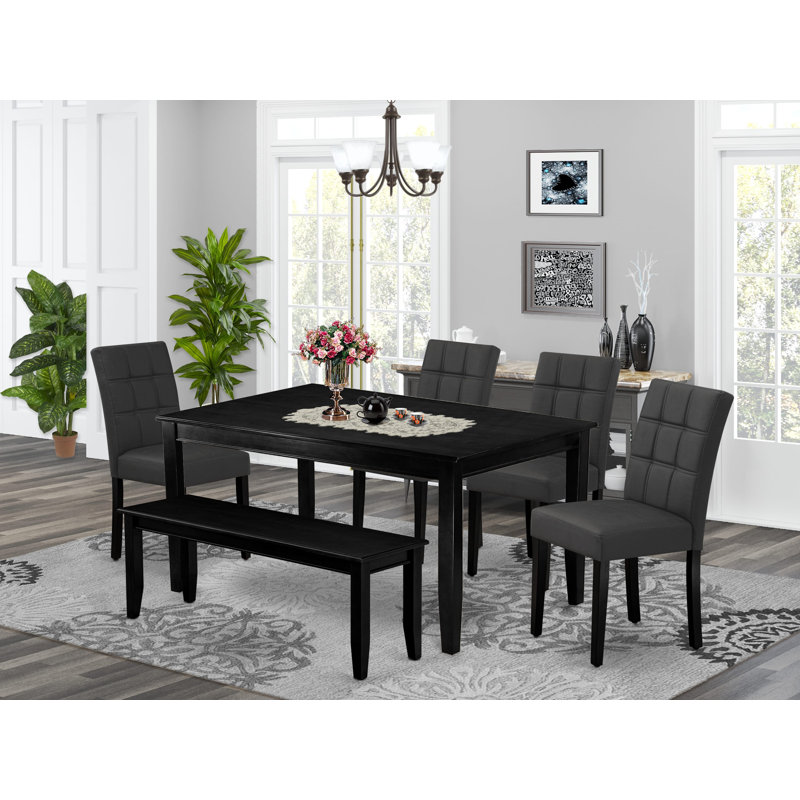 6 Piece Dinner Table Set contain A Kitchen Table and a Dining Bench 4 Dark Gray Polyester Fabric Person Chairs with Stylish Back- Black Finish