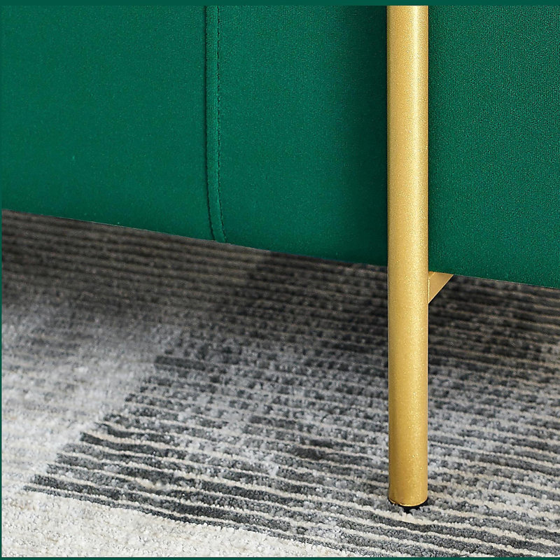 Banc de rangement en velours avec accoudoirs cylindriques et pieds en fer, Vert