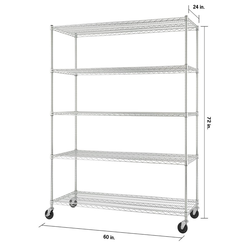 Étagère robuste à hauteur réglable avec roulettes, pieds de nivellement, Noir, (4 tablettes) H 72 po x l 48 po x P 24 po