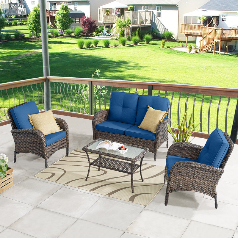 Wicker 4 - Person Patio Conversation Set with Cushions, Blue