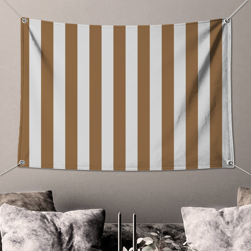Tapisserie murale rayures blanches et brunes - Décoration murale rayures, H 104 po x 88 avec 4 œillets