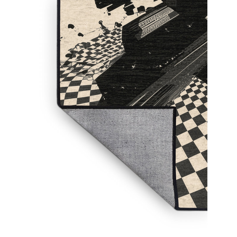 Machine Washable Orkan Sao Paulo Skyline Modern & Contemporary Checkered Rug in Beige – Black Binding, 2x4
