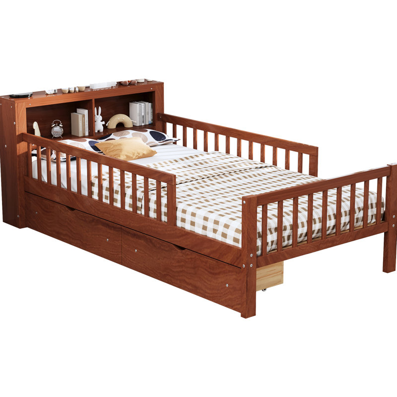 Lit simple avec rangement pour tête de lit et trois barrières de sécurité, caractéristique noyer, Walnut