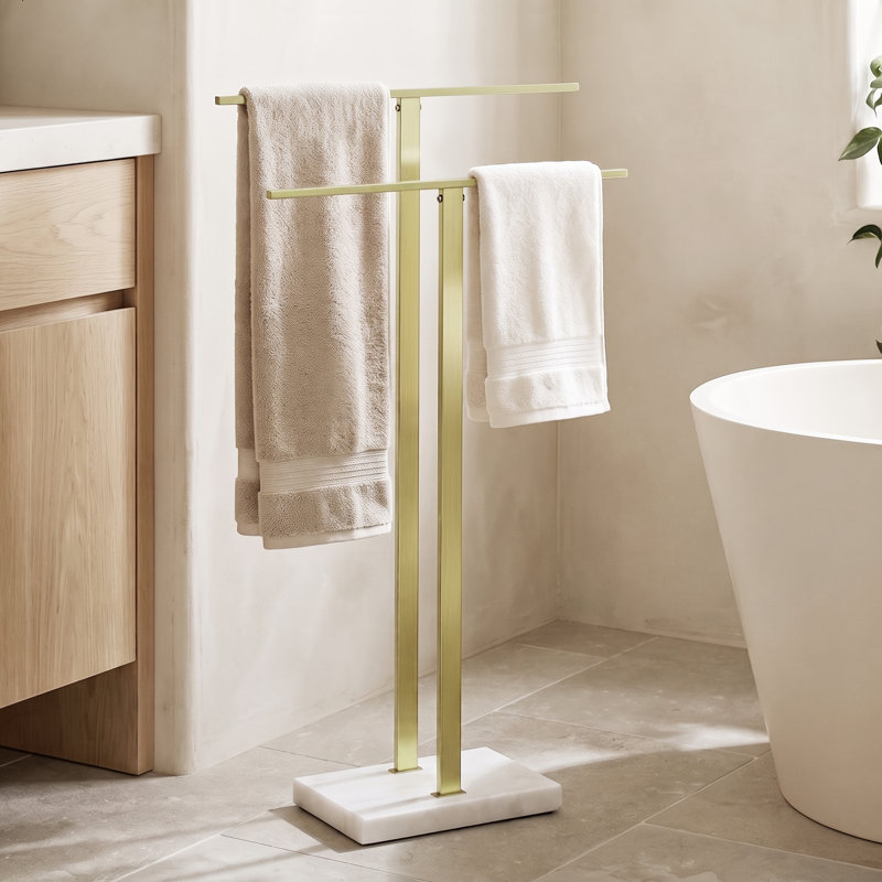 KES Freestanding Towel Rack 2-Tier 33''H Dual T-Shape Towel Stand with Weighted Marble Base for Bathroom 18/8 Stainless Steel, Brushed Gold