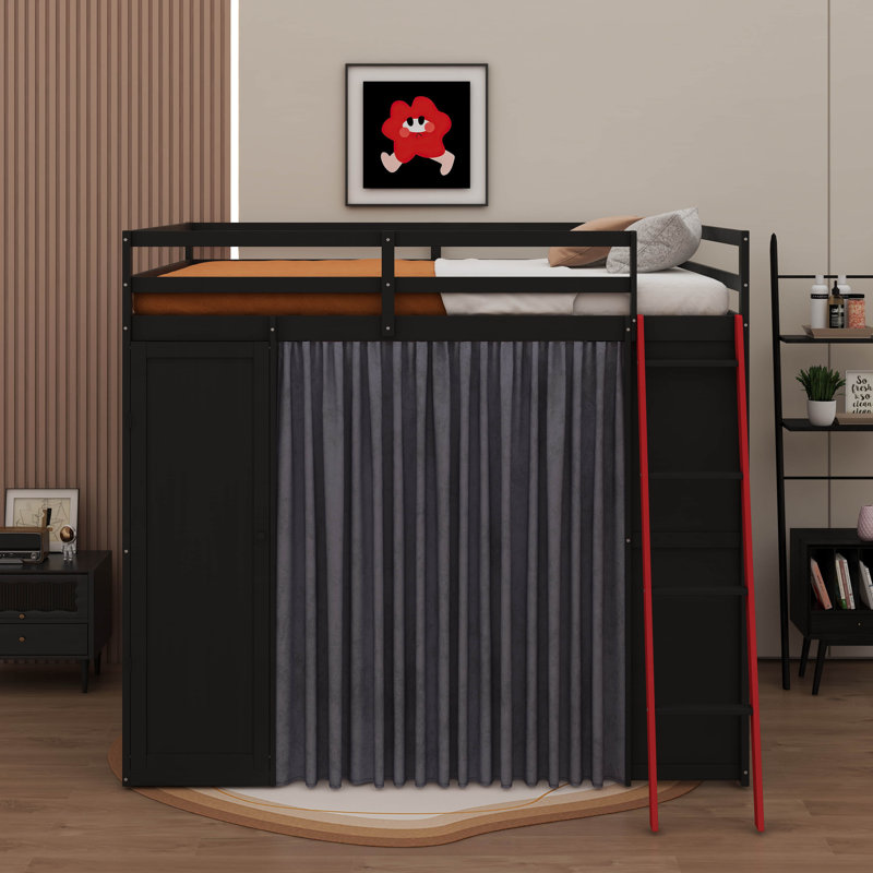 Lit mezzanine en bois pleine grandeur avec garde-robe, tablettes et lumières RVB, Noir / Rouge