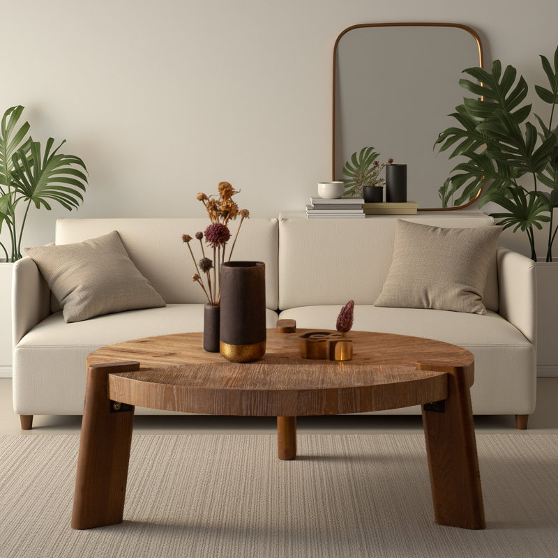 Table basse ronde en bois faite à la main - Rustique naturel 36 po Table basse en bois robuste et sécuritaire pour le salon