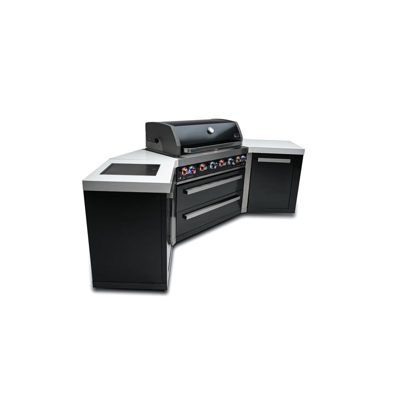 Îlot de cuisine en acier inoxydable en forme de U noir L 110 po x P 23 po x H 46 po avec brûleur latéral infrarouge + barbecue à 6 brûleurs de 44 po + comptoirs en granite + armoires de rangement + rôtissoire + couvercle + convertible au gaz naturel Mont Alpi + Garantie à vie
