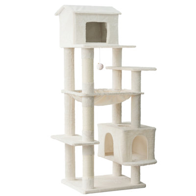 Grand arbre à chat 63 pouces à niveaux multiples beige avec 5 niveaux, poteaux à griffer, cachette douillette et jeu suspendu pour chats, niveau, beige, arbre,, énergique