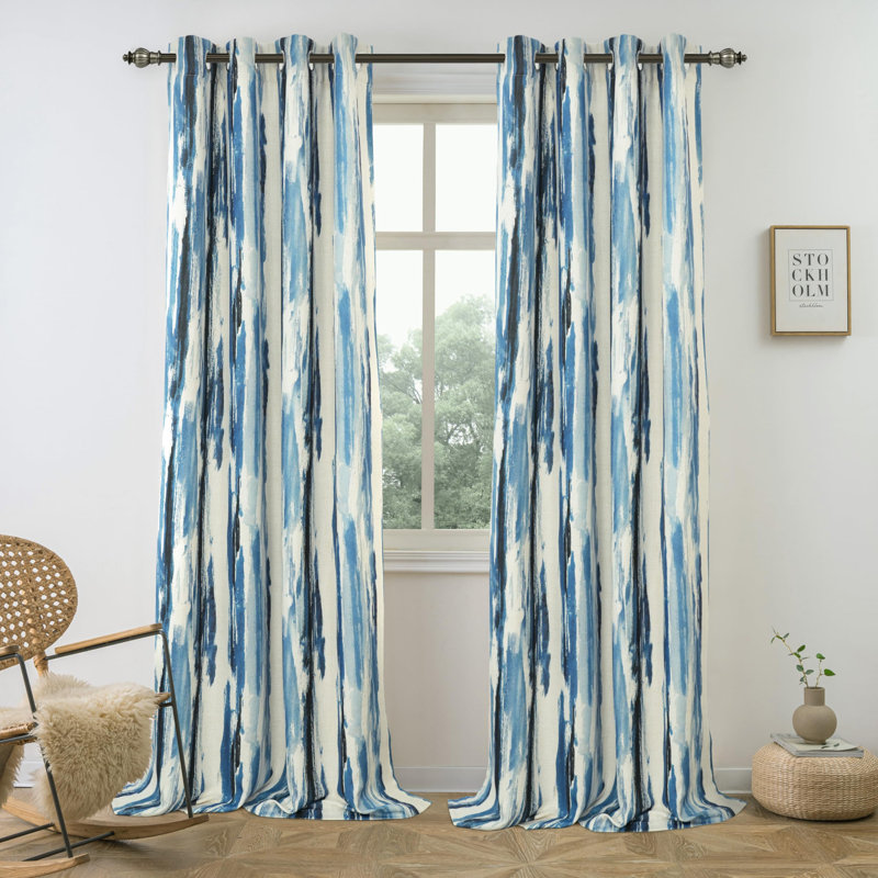 Paint Brush Watercolor 100% Blackout Curtains Linen Look Thermal Insulated Grommet Curtains, Navy Blue