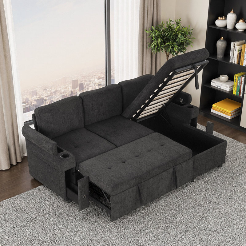 83.5" Beige L-Shaped Convertible Sofa Bed with Reversible Chaise, Storage, USB Ports & Cup Holders, Black