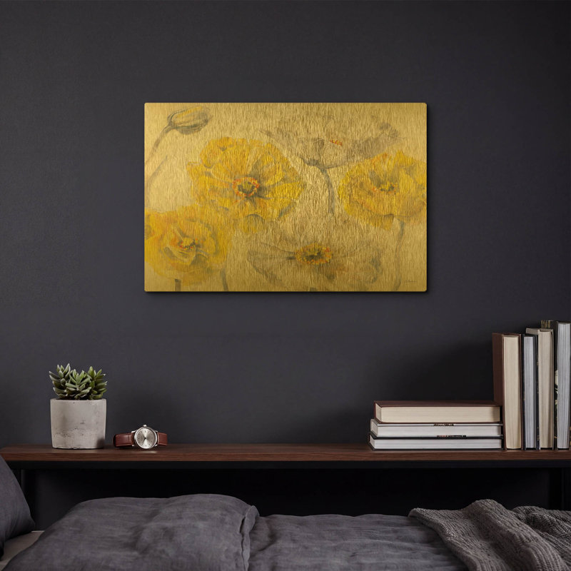 «Comtemporary Poppies I» par Carol Rowan, art mural en métal doré, 16 po x 12 po, 16 po x 12 po