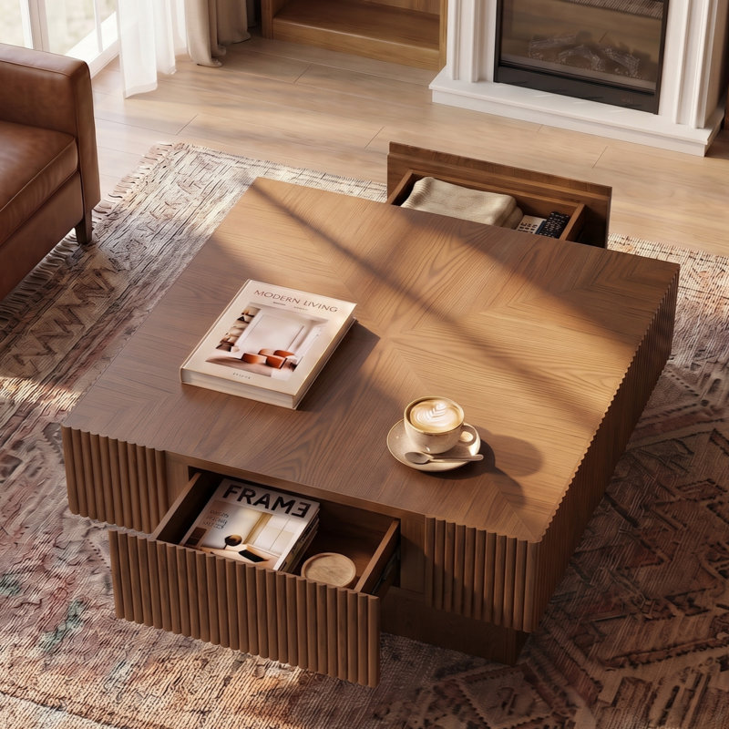 Table basse 31 po carrée moderne en bois massif brun avec tiroirs de rangement cachés à 2 voies, détails cannelés, parquet, table basse à grain de bois