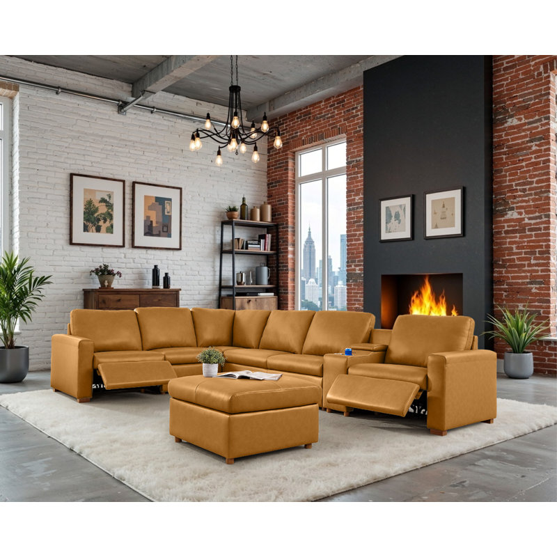 132" W Hudson Recliner Leather-Matched Sectional, Yellow Faux Leather