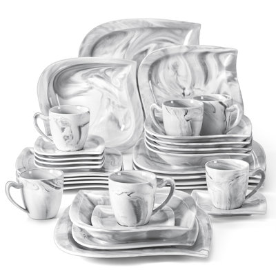 30-piece Marbling Grey Porcelain China Dinnerware Set, Service For 6