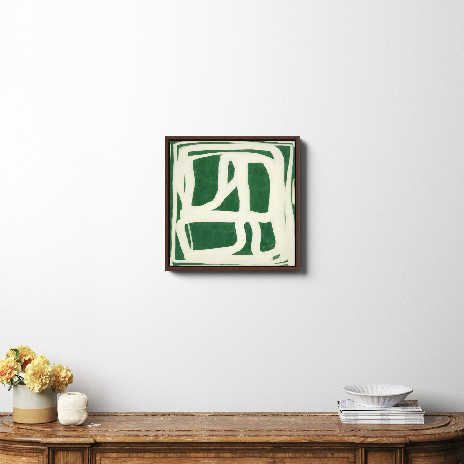 Green White Movement Painting by Ivy and I, 20" H x 20" W x 2" D, Espresso Framed Canvas, No