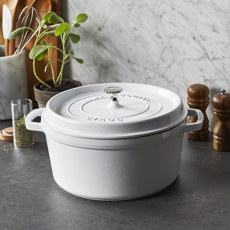 La Cocotte Cast Iron Round Cocotte, White, 7 quarts