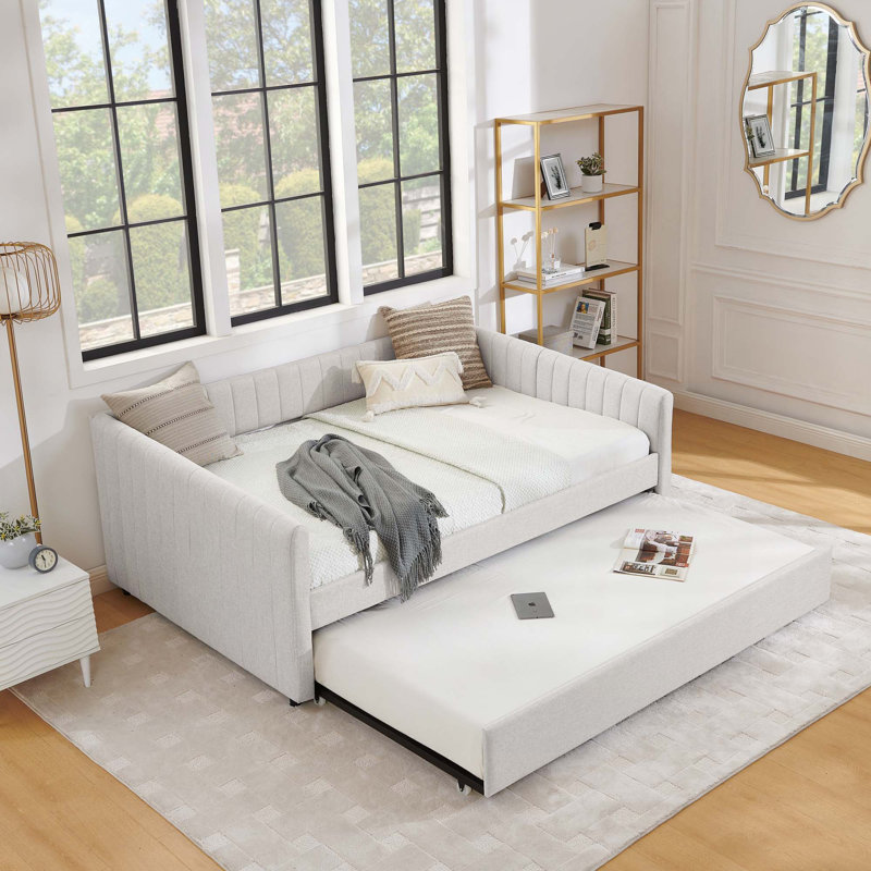 Lit de jour rembourré en lin avec couchette, Beige, Double