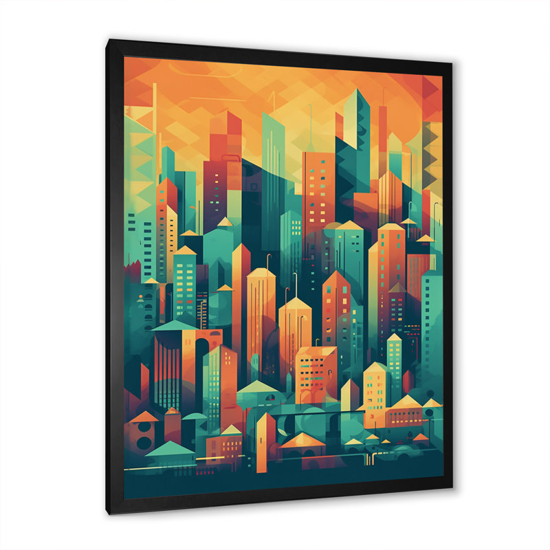 Lynkin " Blue And Orange Retro Cityscape II ", Black Picture Framed, 40" H x 30" W x 1.5" D