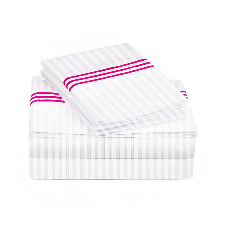 400TC Triple Embroidery Sateen Stripe Cotton 4 Piece Sheet Set Fitted Sheet Fits Upto 16" Deep Pocket, Hot Pink Border