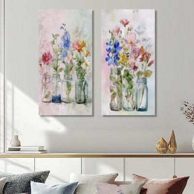 Bouquets de fleurs sauvages assortis maison de campagne - ensemble de 2 grands bouquets d'art mural