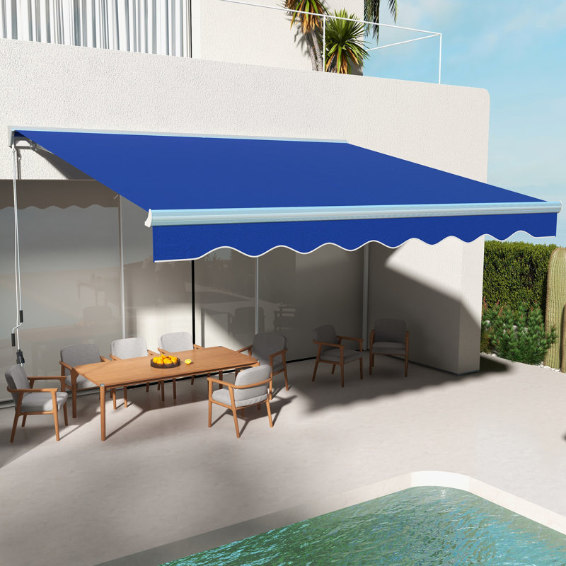 13' X 10' Electric Yard Awning With Led Lights - Uv40+ Sun Shade, Blue, Retractable Remote & Crank Handle Balcony Awning, Protection For Deck, Yard, Blue