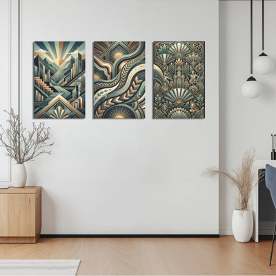 Art Deco Geometric Cityscape And Ornamental Pattern Canvas Wrapped Wall Art Oil Painting Print Set Of 3